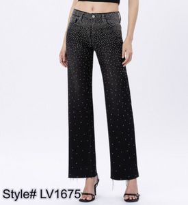 High Rise Slim Wide Leg Rhinestone Jeans