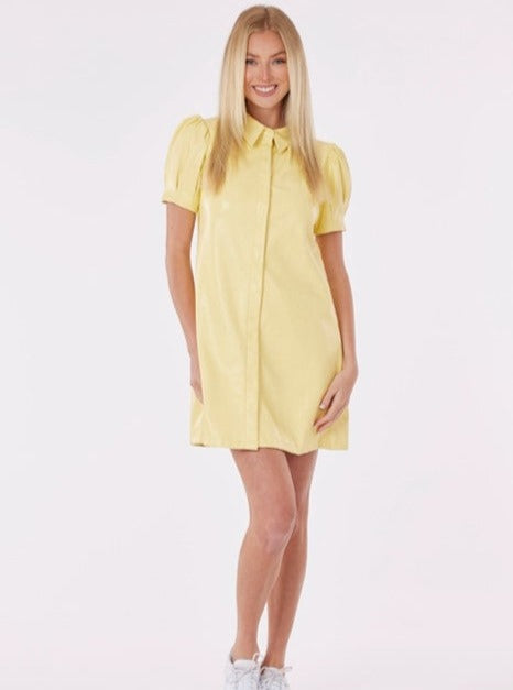 Vegan Leather Short Sleeve Dress Yellow